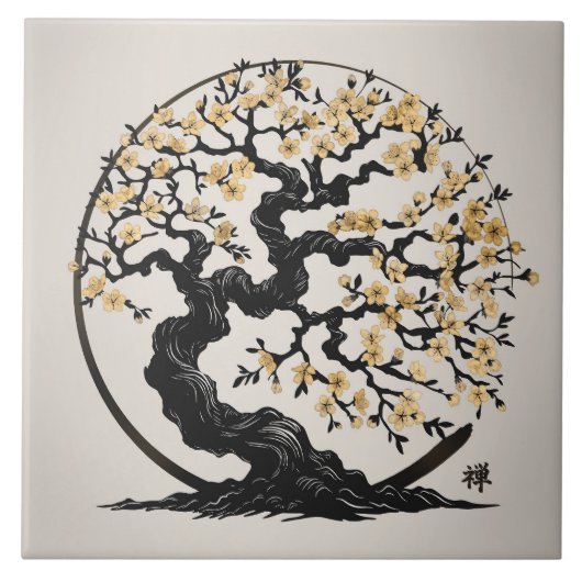 Enso Zen Circle Sakura tree - Golden Blossom Fliese (Vorderseite)