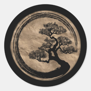 Enso Zen Circle und Bonsai Tree Gold Runder Aufkleber