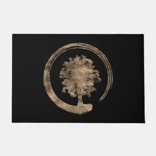 Enso Zen-Kreis und Baum - Gold auf Schwarzem Fußmatte (Vorderseite)