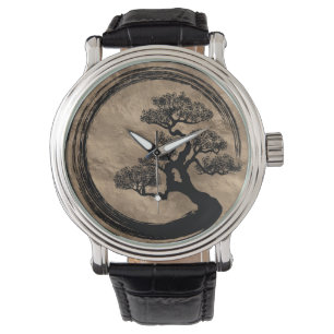 Enso Zen-Kreis und Bonsais-Baum-Gold Armbanduhr
