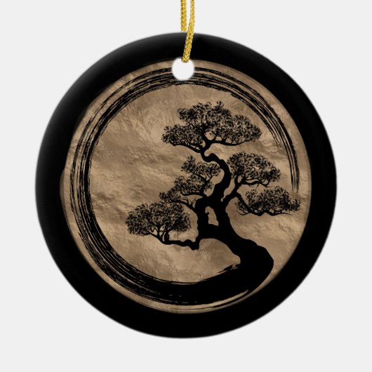 Enso Zen-Kreis und Bonsais-Baum-Gold Keramik Ornament (Vorne)