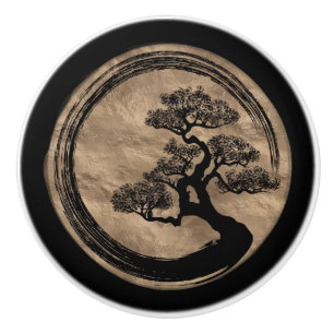 Enso Zen-Kreis und Bonsais-Baum-Gold Keramikknauf