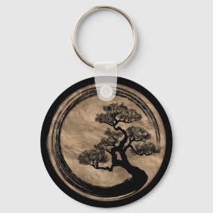 Enso Zen-Kreis und Bonsais-Baum-Gold Schlüsselanhänger