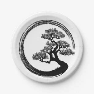 Enso Zen-Kreis und Bonsais-Baum Pappteller