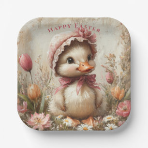 Entchen Ostern Rosa Haube Tulpen Gänseblümchen Pappteller