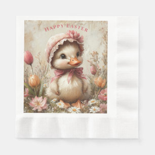 Entchen Ostern Rosa Haube Tulpen Gänseblümchen Serviette