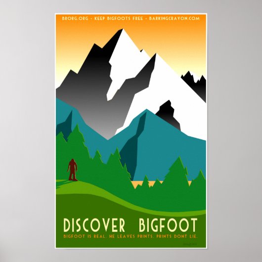 Entdecken Sie Bigfoot in farbenfrohen Bergen Poster (Vorne)