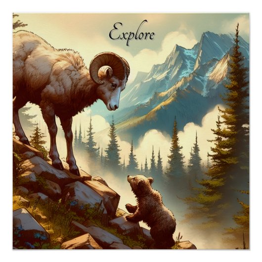 Entdecken Sie den Bighorn Sheep Grizzly Cub Mounta Poster (Vorderseite)