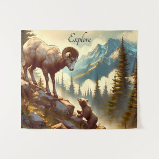 Entdecken Sie den Bighorn Sheep Grizzly Cub Mounta Wandteppich
