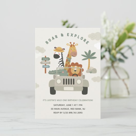 Entdecken Sie die Safari Wild l Animals zum Geburt Einladung (Stehend Vorderseite)