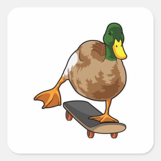 Ente als Skater mit Skateboard Quadratischer Aufkleber (Vorderseite)
