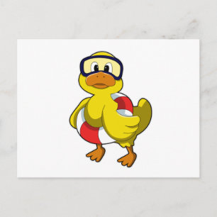 Ente beim Schwimmen mit Schwimmring und Schwimmbri Postkarte