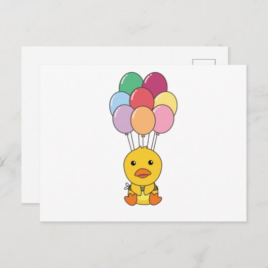 Ente fliegt mit farbenfrohen Balloons auf Postkarte (Vorne/Hinten)