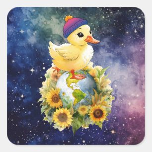 Ente in Bisexual Flag Farben Beanie auf dem Planet Quadratischer Aufkleber