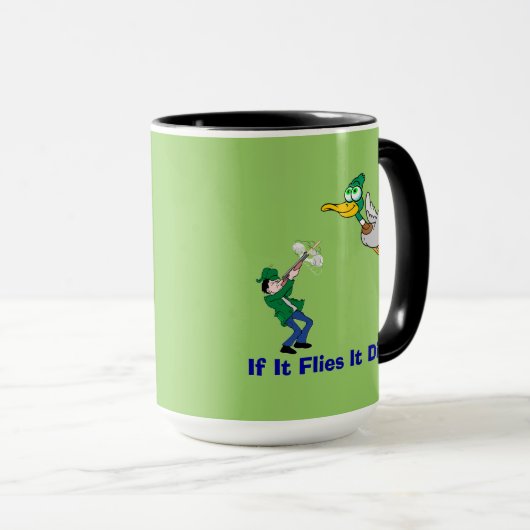 Ente und Jäger-Cartoon Tasse (VorderseiteRechts)