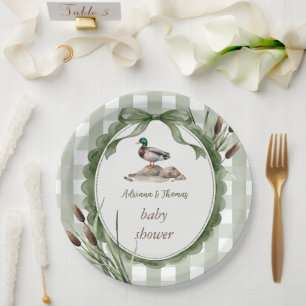 Enten-Baby-Party Gingham Salbei Pappteller