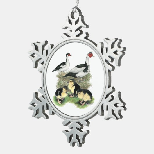 Enten Black Pied Muscovy Familie Schneeflocken Zinn-Ornament (Rechts)