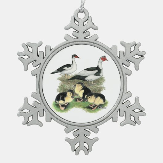 Enten Black Pied Muscovy Familie Schneeflocken Zinn-Ornament (Vorderseite)