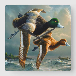 Enten fliegen über den Ozean und ein kleines Boot Quadratische Wanduhr