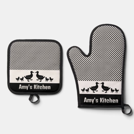 Enten & Gingham Design Oven Mitt & Pot Holder Set (Vorderseite)