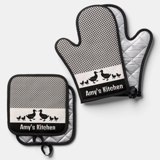 Enten & Gingham Design Oven Mitt & Pot Holder Set (Vorderseite/Rückseite)