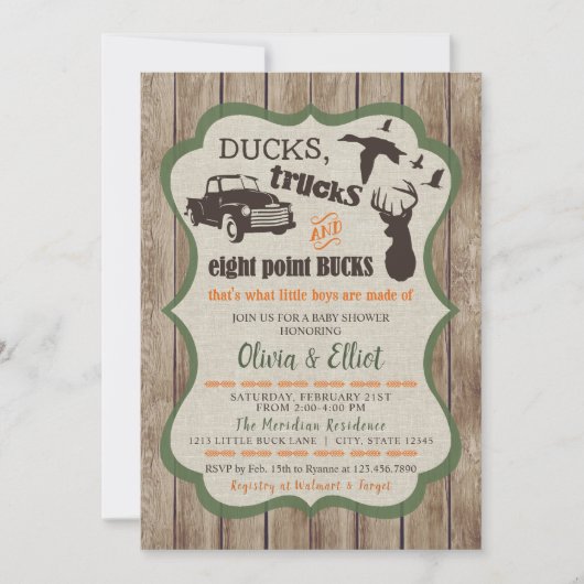 Enten, LKWs, und Acht-Punkte-Bucks Hirsch Baby Boy Einladung (Vorderseite)
