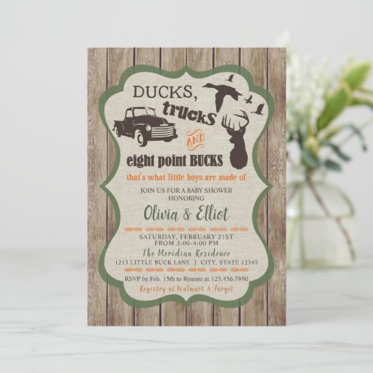 Enten, LKWs, und Acht-Punkte-Bucks Hirsch Baby Boy Einladung (Stehend Vorderseite)