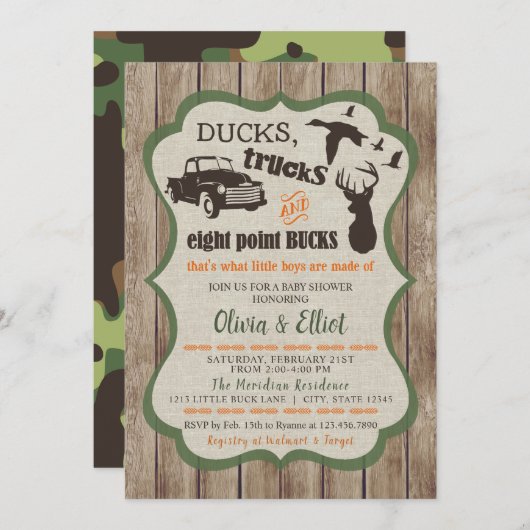 Enten, LKWs, und Acht-Punkte-Bucks Hirsch Baby Boy Einladung (Vorne/Hinten)