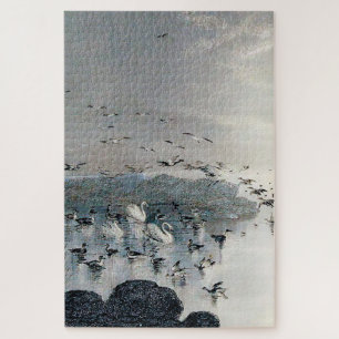 Enten, Mallards und Schwäne am See bei Sonnenunter Puzzle