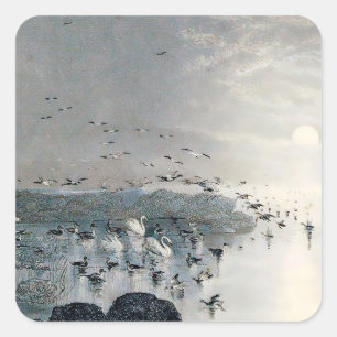 Enten, Mallards und Schwäne am See bei Sonnenunter Quadratischer Aufkleber