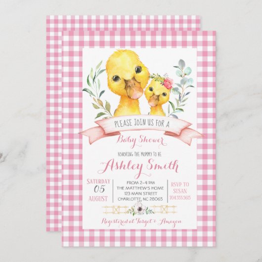 Entenfarm Baby Dusche Einladung Rosa Mädchen (Vorne/Hinten)