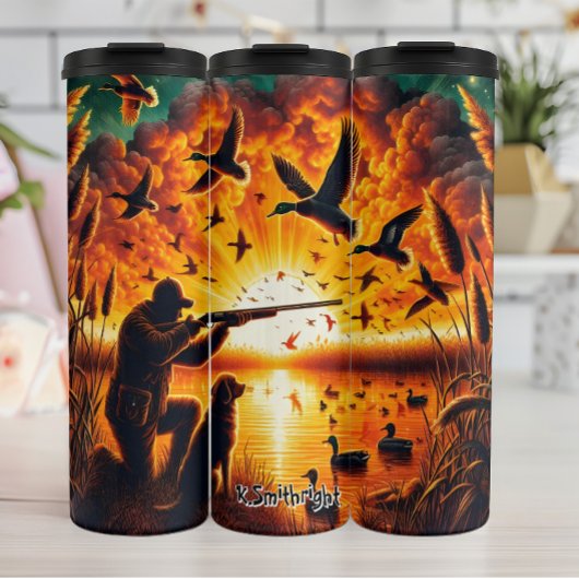 Entenjagd bei Sonnenuntergang mit Hund Thermosbecher