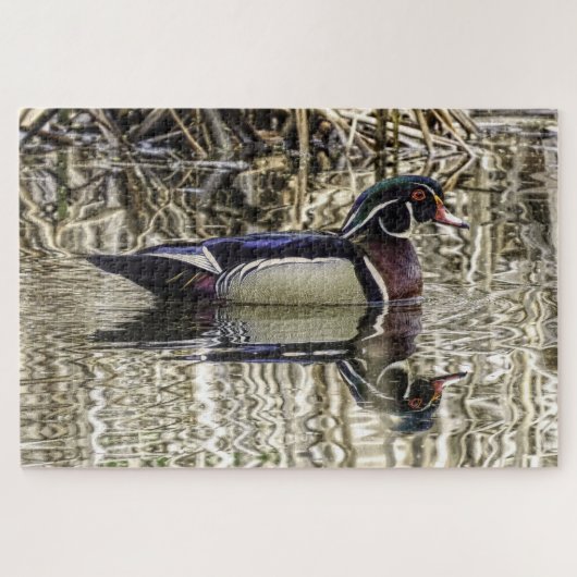 Entenschwimmen aus hellem Holz im Teich Puzzle (Horizontal)