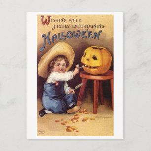 Entertaining Halloween Boy Carving Pumpkin Postkarte