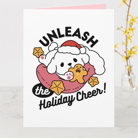 Entfesseln Sie den Holiday Cheer - Niedliche Hunde Karte (Gelbe Blume)