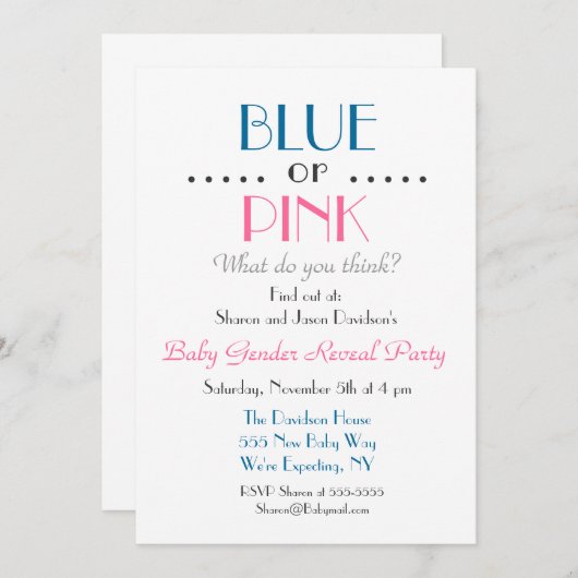 Enthüllung des Blauen oder rosa Geschlechts Einladung (Vorne/Hinten)