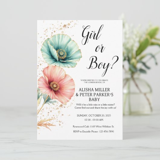 Enthüllung des Blauen oder rosa Wasserfarbengeschl Einladung (Stehend Vorderseite)