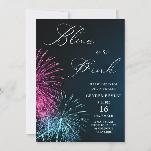 Enthüllung über blaue und rosa Feuerwerkskörper Einladung (Vorderseite)