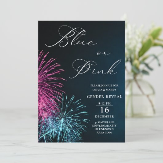 Enthüllung über blaue und rosa Feuerwerkskörper Einladung (Stehend Vorderseite)