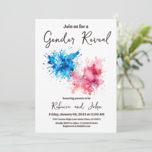 Enthüllung über Wasserfarbensplashes Boy oder Girl Einladung (Stehend Vorderseite)
