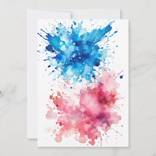 Enthüllung über Wasserfarbensplashes Boy oder Girl Einladung (Rückseite)