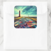 Entlüftetes Leuchtturm am Strand Quadratischer Aufkleber (Tasche)