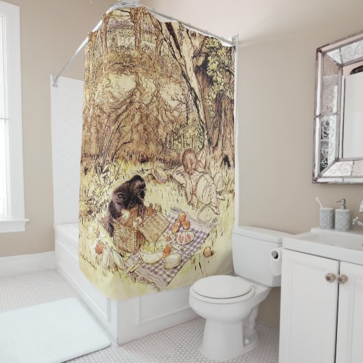 Entpacken des Picnic-Körbchens von Arthur Rackham Duschvorhang (Beispiel)