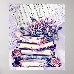 Entrinnen Stapel alter Vintage-Bücher mit Rosen   Poster