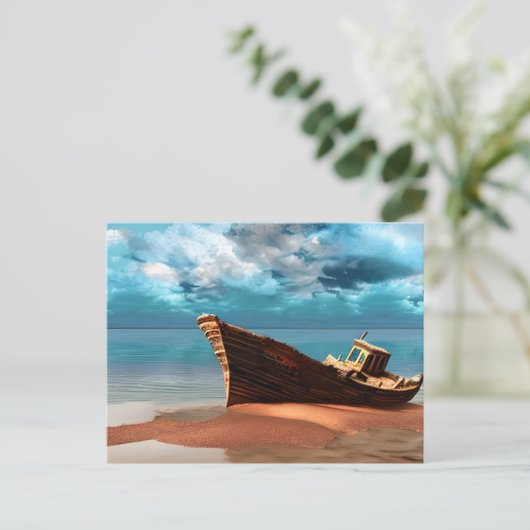 Entsandtes Boot an einem verschollenen Sandstrand Postkarte (Stehend Vorderseite)