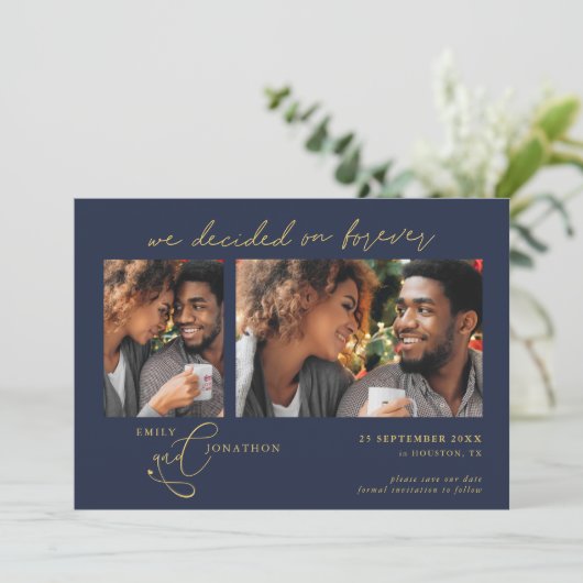 Entscheidet für Forever Script 2 Fotos Navy Gold Save The Date (Stehend Vorderseite)