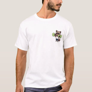 Entschlossener Cartoon-Waschbär-Charakter hebt Grü T-Shirt