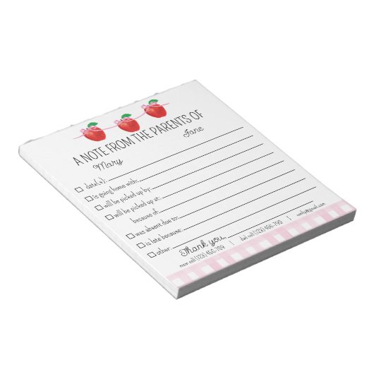 Entschuldigung der Eltern der Schule Notizblock (angewinkelt)