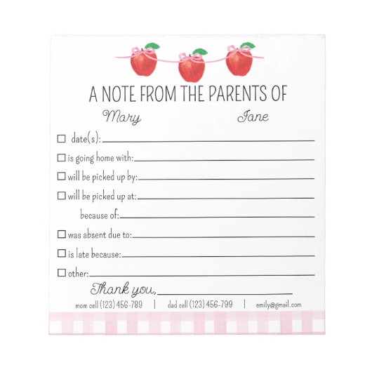 Entschuldigung der Eltern der Schule Notizblock (Vorderseite)