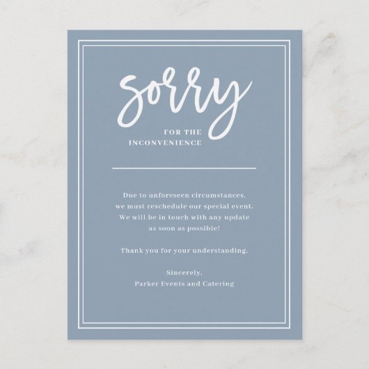 Entschuldigung für Unannehmlichkeiten| Annullierun Ankündigungspostkarte (Vorderseite)